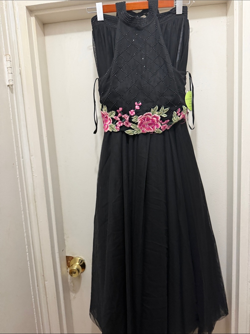 Black Halter Dress with Pink Floral Embroidered Waistband